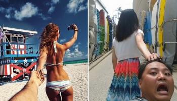 הזוג הזה יצר סדרת תמונות מצחיקה שמסתלבטת על הצלם שעוקב אחרי בת זוגו ברחבי העולם